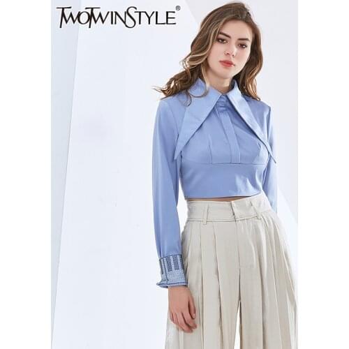 TWOTWINSTYLE Solid Blouses For Women Lapel Long Sleeve Ruched Loose Patchwork Diamonds Short Shirts Female 2020 Autumn Clothing