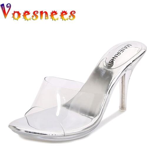 Voesnees Clear Heels Slipper Female Summer Womens Flip Flop Sandals Sexy Heel 8cm Transparent Women Shoes Shallow Party Shoes