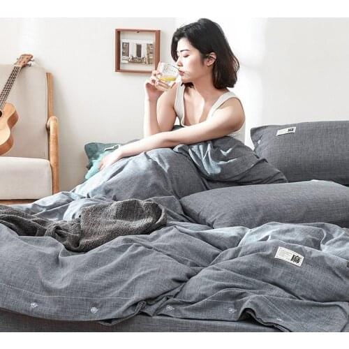 Japanese Solid-Color Bedding 1.5/1.8M Bed Sheet Quilt Cover Fitted Sheet Button Imitation Cotton and Linen Four-Piece Set