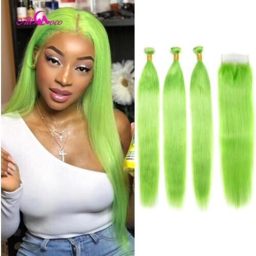 Ali Coco Green Brazilian Straight Hair 3 Bundles With 4X4 Lace Closure 100% Human Hair Bundles With Closure Remy Hair Extensions