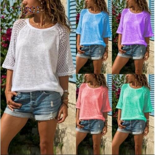 FEOGOR 2021 summer new European and American lace stitching round neck three-quarter sleeve shirt T-shirt top Womens blouse
