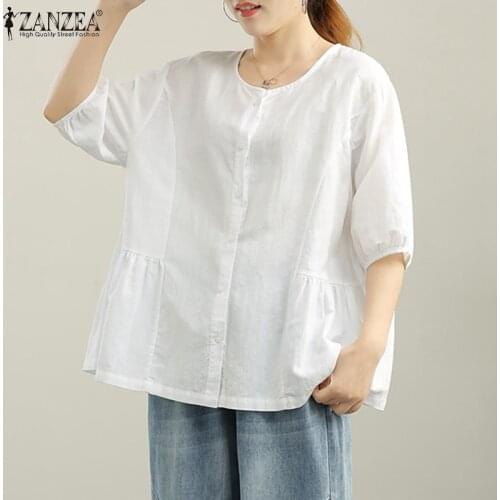 ZANZEA Women Summer Shirt Elegant O Neck 3/4 Sleeve Blouse Casual Solid Tops Tunic Loose Buttons Chemise 2021 Blusas Femininas