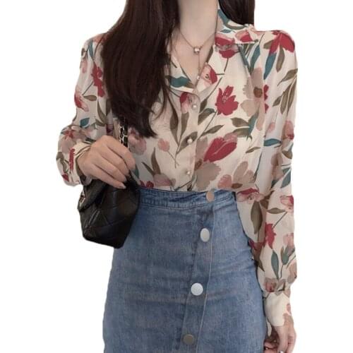 2021 Spring Autumn Ladies Chiffon Shirt Temperament Printing Shirt Retro Chic Floral Blouse Women Clothes 157b