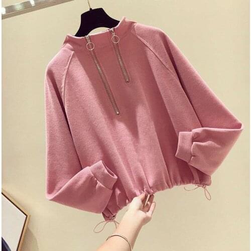 Female Cropped Zip Up Hoodie Autumn Winter Wear Loose Stand Collar Drawstring Cute Pink Sweatshirts for Girls Long Sleeve Top