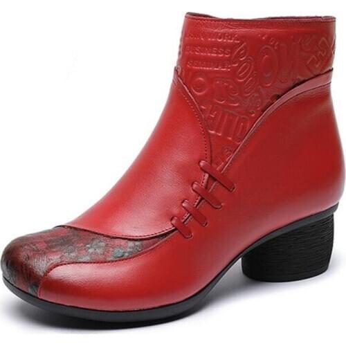 Top Cowhide Embossing Printing Genuine Leather Boots Autumn Winter Shoes Woman Ankle Boots High Heel Women Shoes Fashion Boots