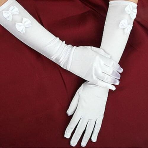 1 Pair Women Bridal White Wedding Long Gloves Double Bowknot Faux Pearl Decor Elbow Length Full Fingered Mittens Warmer