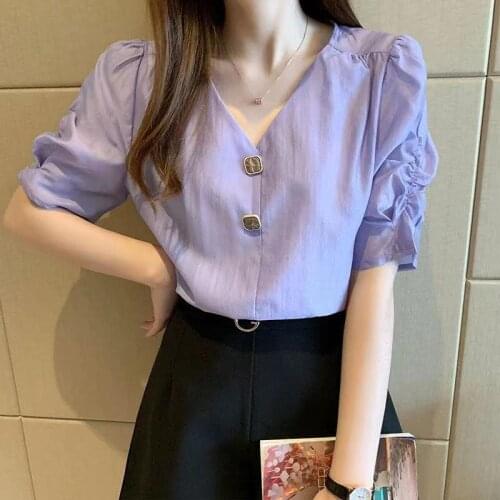 Ladies Summer Chiffon Casual Blouses V-Neck Short Sleeve Women Shirts Solid Color Elegant Loose Blusas Fashion Tops MM0504
