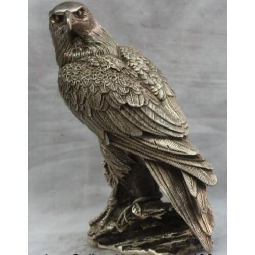 10" Ferocious Chinese Silver Arabia Hawk Eagle Bird Figures Statue