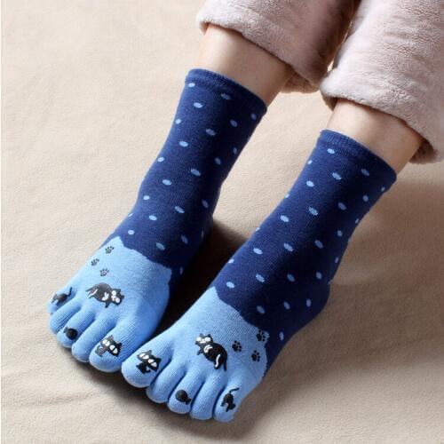 3 Pairs Autumn Winter New Girls' Mid-tube Lovely Warm Cotton Five Finger Socks Cotton Toe Female Cat Cute Tube Socks