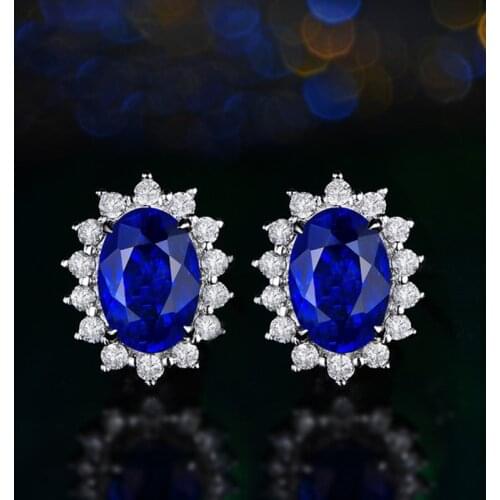 BLACK ANGEL 925 Sterling Silver Royal Sapphire Stud Earrings For Women Fine Jewelry Princess Diana Flowers Earrings Wholesale