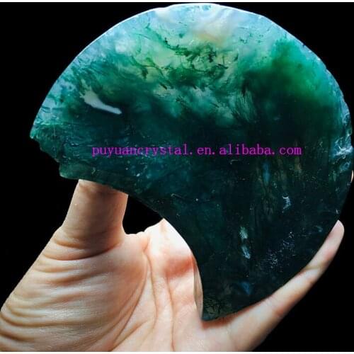 Natural Crystal Bowl Moss Agate Carved Moon Decorative Plate Mineral Stones Decoration Gifts