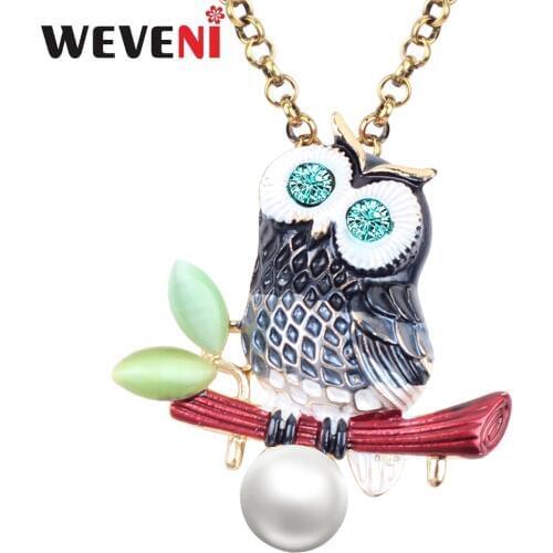 WEVENI Enamel Rhinestone Pearl Novelty Owl Bird Necklace Pendant Chain Choker Animal Alloy Jewelry For Women Girls Ladies Teen