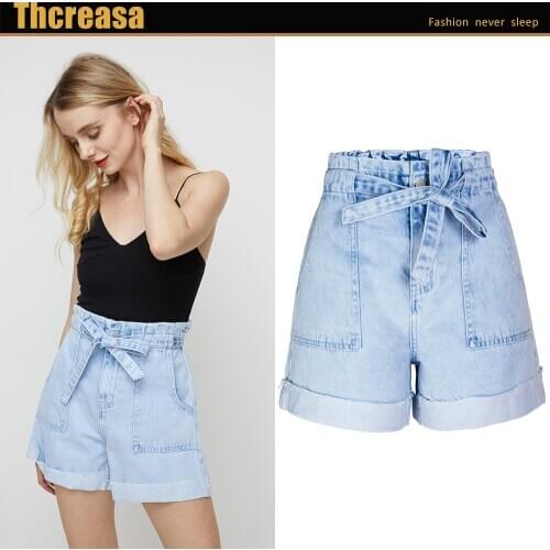 European Station Solid Color Broad-legged Cowboy Shorts Woman Loose Waist Loose Curly High Waist Cowboy Shorts