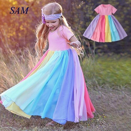 Summer Girls Short Sleeve Dress 2021 INS Long Rainbow Color Stitching Dresses for Kids Childrens Clothes Dress For Girl 2-8 Y