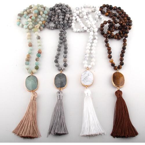 Fashion Bohemian Jewelry Semi Precious Stones Long Knotted Stone Long Tassel Necklaces Women Ethnic Necklace Dropship