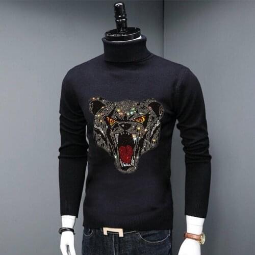 Harajuku Mens Turtleneck Sweater Slim WOOL Heavy Craft Rhinestone Knitwear Street Fashion Fit Spring Crown Graphic Pullover Top