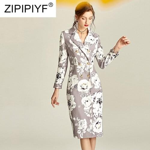 2020 Spring New Fashion Women OL Style Elegant Dresses Double Breasted Notched Collar Knee-Length Dress Slim Vestidoes Y17