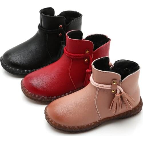 Autumn Winter Girls Boots Children Warm Plush Winter Snow Boots Flowers Soft Bottom Comfortable Kids Boot Black Red Pink 3-10T