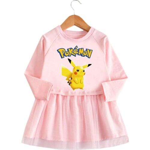 Pikachu Pokemon Girl Dresses Long Sleeve Kids Dress for Girl Mesh Princess Vestdios Girls Spring Birthday Party Dress Vestidos