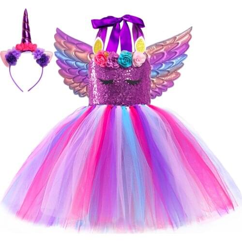 Purple Sequins Girls Unicorn Tutu Dress Flowers Tulle Princess Party Dresses Children Kids Christmas Halloween Cosplay Costumes