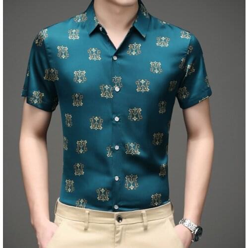 Big Size Blue Retro Luxury Ice Silk Shirts For Mens Vintage Satin Fashion Man Clothes Large Sizes Smooth Comfortable Summer Tops