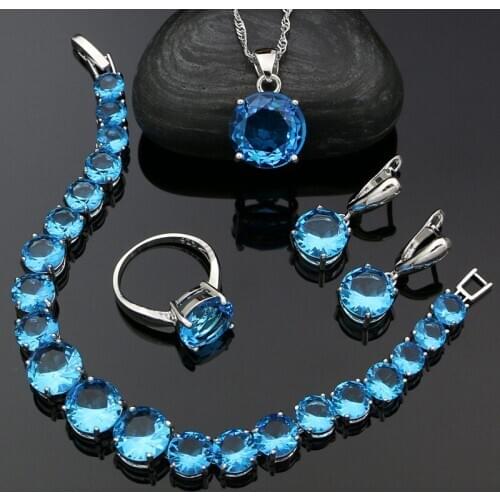 Silver 925 Jewelry Sets Sky Blue Cubic Zirconia For Women Engagement Gift Earrings/Ring/Bracelet/Pendant/Necklace