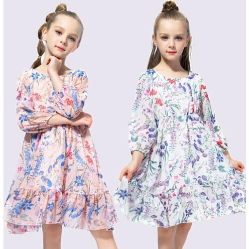 2020 New Girls Flower Princess Dress Summer Kid Long Sleeve Chiffon Pleated Sundress Childrens Casual Vestido Dresses for Girls
