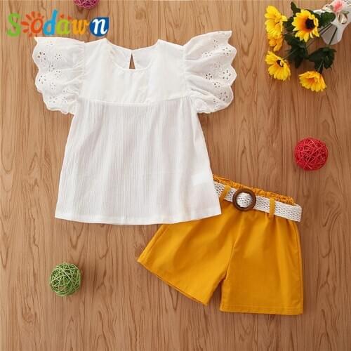 Sodawn Summer Childrens Set Girls Clothes Hollow Flying Sleeve Shirt + Shorts + Belt 3PCS Kids Clothes Suit 3-7 Years Old