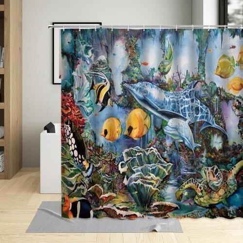 Art Oil Painting Colorful Ocean Animal Shower Curtain Dolphin Turtle Printing Kids Bathroom Decor Waterproof Fabric Bath Curtain