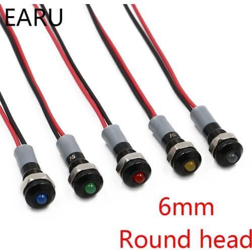 Black Body Round Head 6mm Waterproof IP67 Metal LED Warning Indicator Light Signal Lamp Pilot Wire 5V 12V 24V 110V 220V Red Blue
