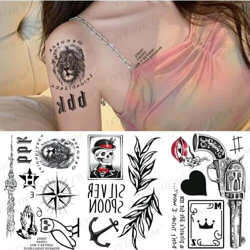 Waterproof Temporary Tattoo Sticker Lion Devil Eyes Pistol Dark Flash Tattoo Edges Body Art Arm Fake Tattoos For Women And Men