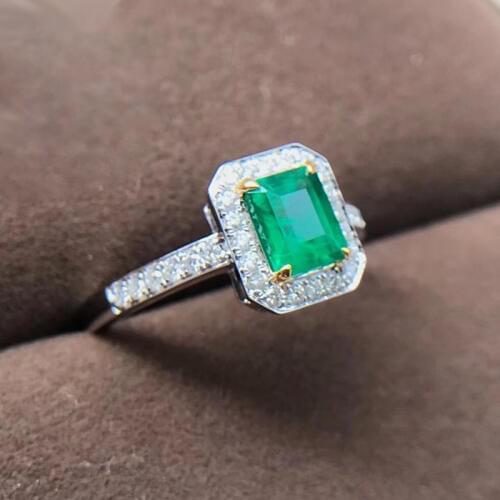 AEAW Jewelry 18K White Gold 0.8ct Natural Emerald Ring Anniversary Ring Emerald Cut Green Gemstone Ring Women Jewelry