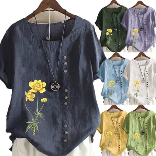 Womens Casual Floral Printed Linen Shirt Ladies Tops Round Neck Short Sleeved Plus Size T-Shirt Loose Graphic Blouse