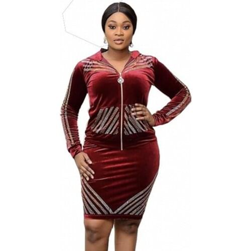 2 Piece Womens Sets Autumn Winter Velvet Dashiki African Long Sleeve Two Piece Sets Top And Midi Skirt Outfit Africa Clothing