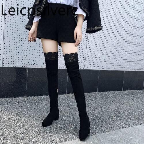Autumn And Winter The New fashion Round head zipper Lace Thick heel Low-heeled Womens shoes Over the knee boots plus size 33-48
