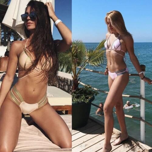 Women Push-up Padded Bra, Bikini Set, Triangle Swimwear Patchwork Leather Thong