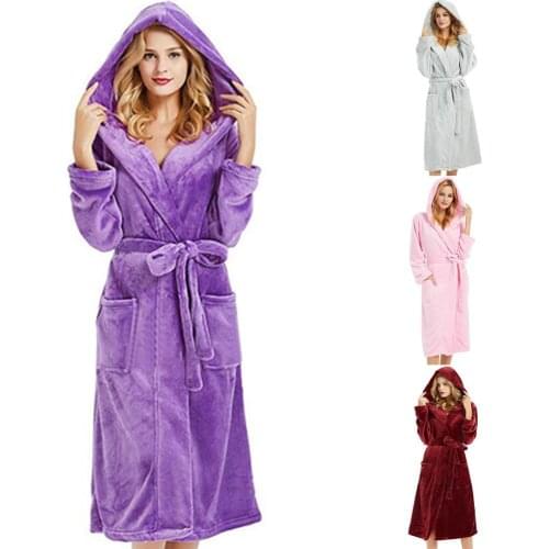 Plush Fleece Hooded Bathrobe Solid Color Long Sleeve Pocket Loose Women Autumn Winter Bath Robe Sleepwear