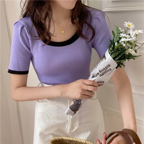 Women Knitting Striped Line Contrast color O neck Short Sleeve Sweater Knitwear Jumper TopsFashion womens short sleeve 2021