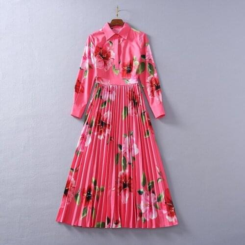 2021 Spring Summer Lapel Neck Flora Print Long Dress Empire Womens Dress Red