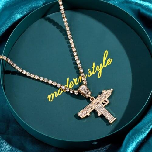 Flatfoosie Hip Hop UZI Gun Pendant Necklace For Women Rhinestone Jewelry Men Punk Bling Crystal Tennis Chain Necklace Collar