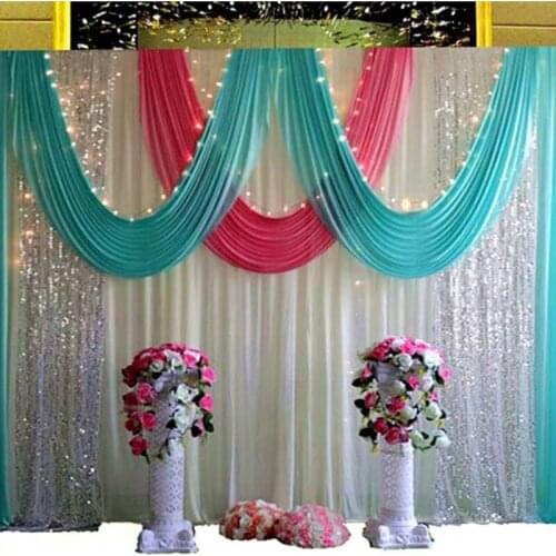 3x6m White Wedding Backdrop with tiffany blue swags and silver sequin Wedding Stage curtain