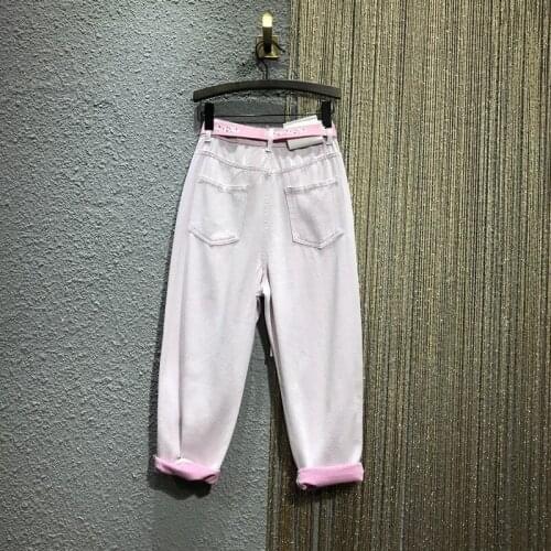 Color Beading Hole Ripped Jeans Women Spring Summer New High Waist Loose Ankle Length Pants Straight Thin Harem Pants Female