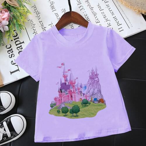 New Purple Unisex T-shirt Fashion Castle Girls Tshirts Harajuku Retro Boy Tshirt Princess Elements Nice Round Neck Kids Tshirt