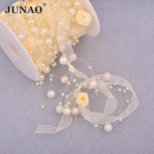 JUNAO 5 Meter White Pearl Rhinestone Trim Chain Rose Ribbon Tape Bridal Applique Strass Banding for Wedding Garland Party Crafts