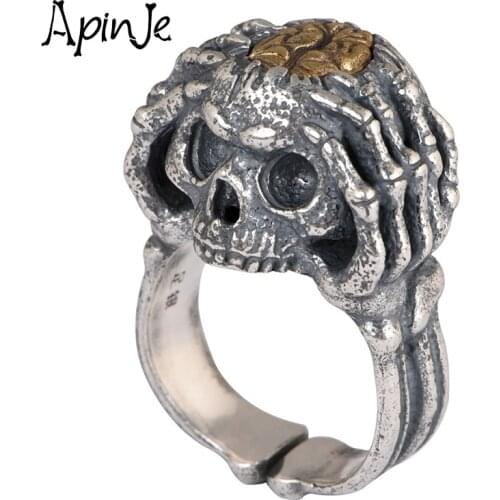 Apinje 990 Fine Silver Punk Hand Skull Ring for Men Gift Vintage Fashion Biker Mens Opening Jewelry