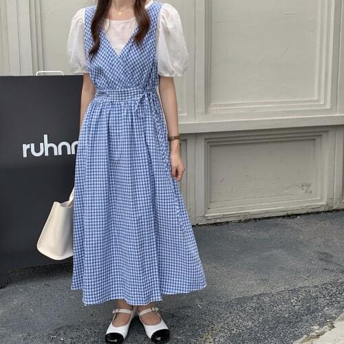 Alien Kitty 2021 Hot Solid Vintage Sweet Summer Loose Blouses+ Plaid A-Line Girl Femme Slip Dresses Chic Two Piece Suits Sets