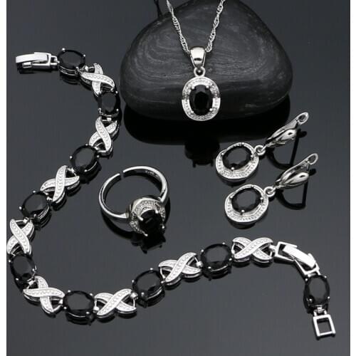 925 Sterling Silver Jewelry Set Black Stone Girl Woman Prom Accessories Earrings Chain Pendant Ring Bracelet Set