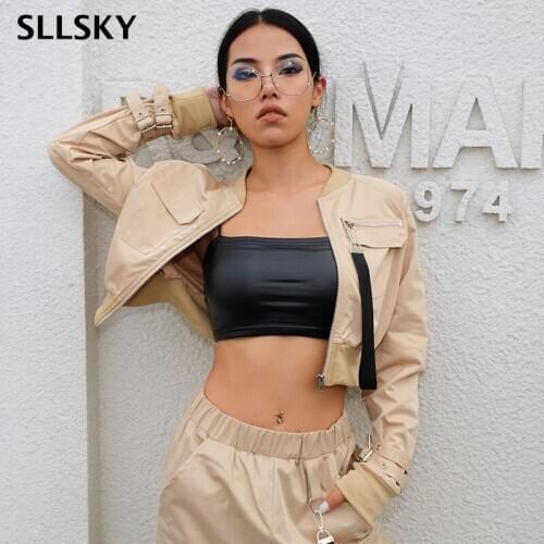 SLLSKY Women Streetwear Short Jacket Slim Safari style High street Long Sleeve Crop Top Zipper Buckle Fashion Female coat