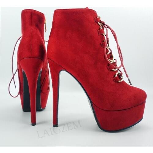LAIGZEM Women Ankle Platform Boots Faux Suede Side Zip Stiletto High Heeled Boots Unisex Party Shoes Woman Big Size 45 47 48 52