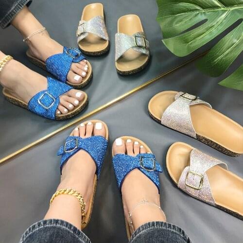 Summer Womens Metal Button Cork Sandals Bling Casual Slippers Female Luxury Beach Flip Flops Ladies Fashion Rhinestone Slides